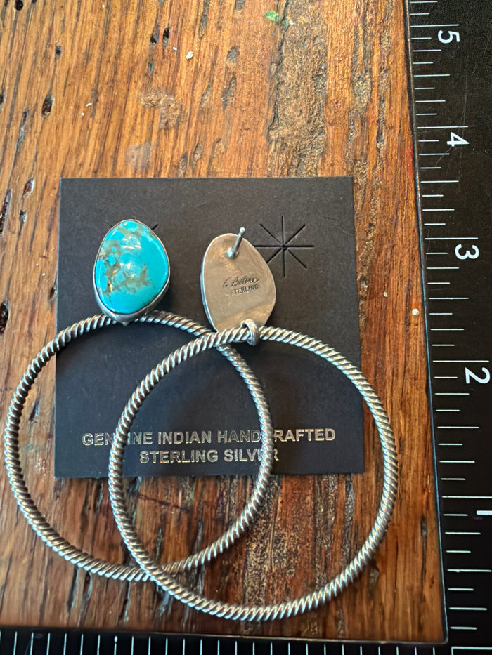 Twisted Rope Hoop Earrings with Turquoise Stone by Navajo Artist Verley Betone