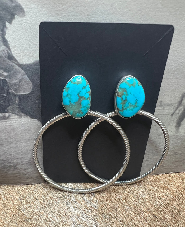 Twisted Rope Hoop Earrings with Turquoise Stone by Navajo Artist Verley Betone