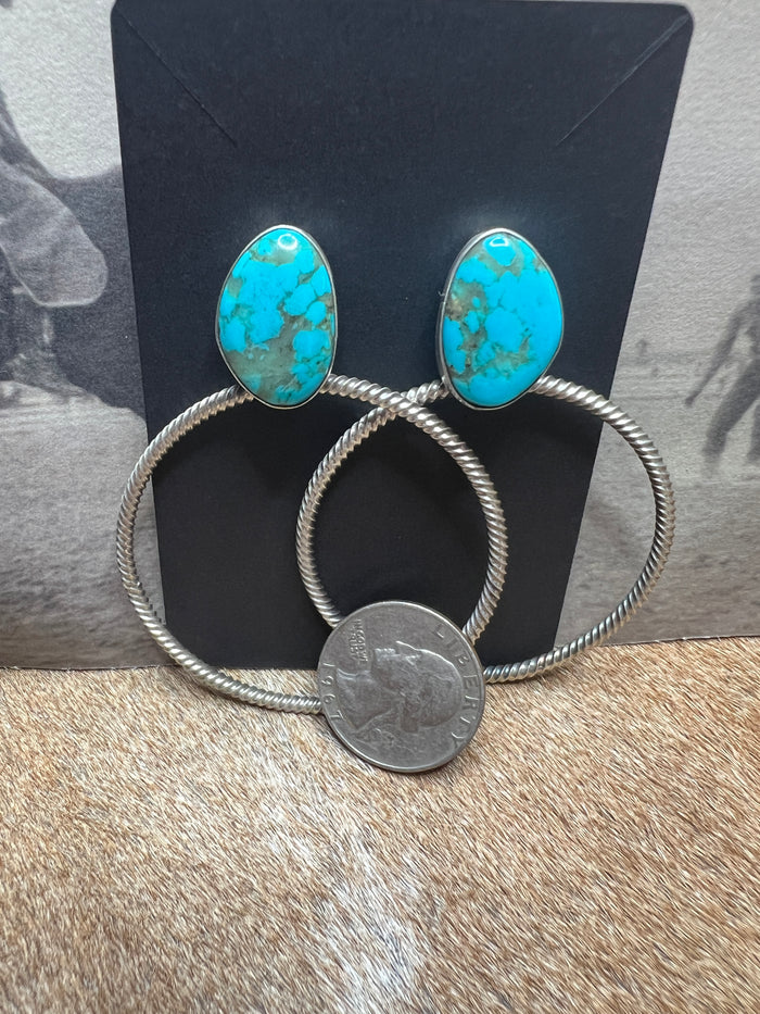 Twisted Rope Hoop Earrings with Turquoise Stone by Navajo Artist Verley Betone