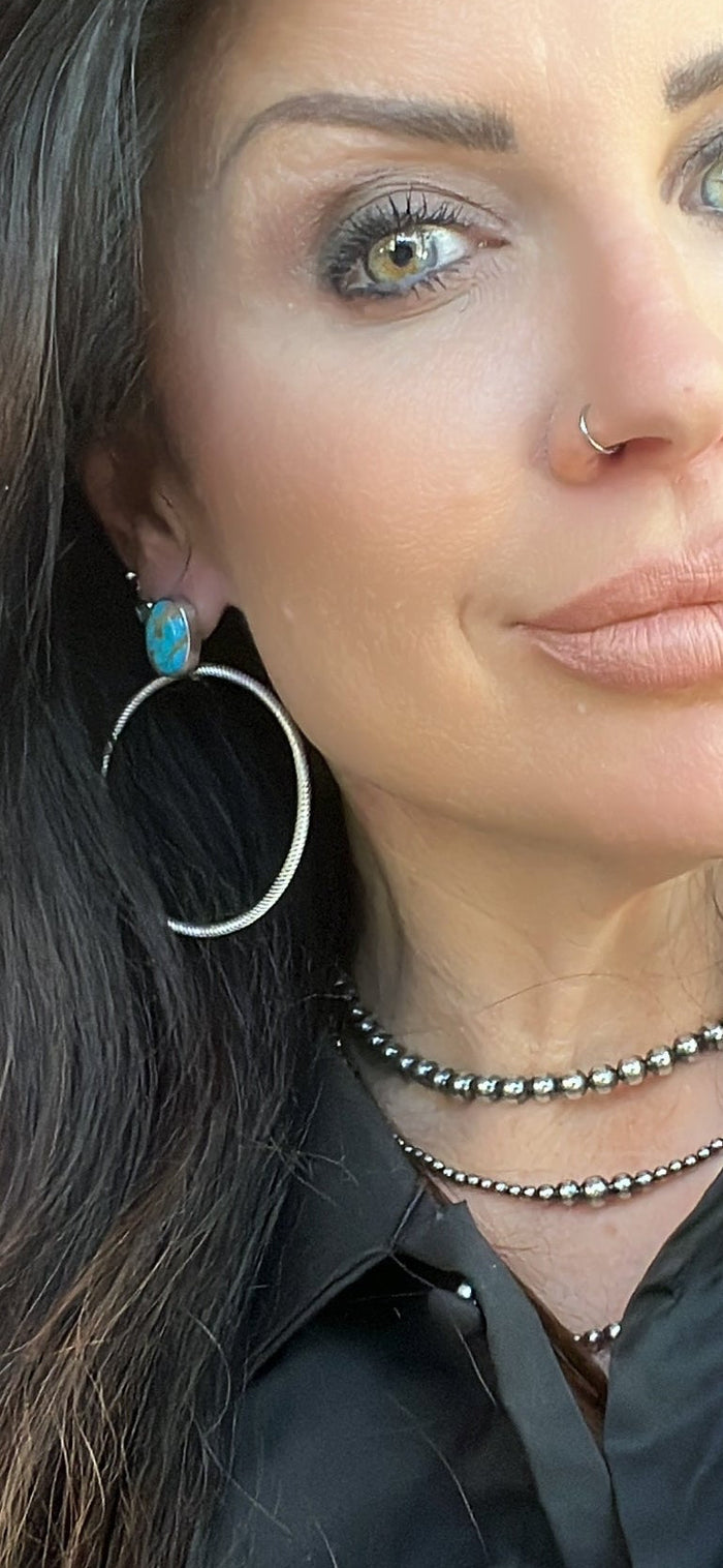 Twisted Rope Hoop Earrings with Turquoise Stone by Navajo Artist Verley Betone