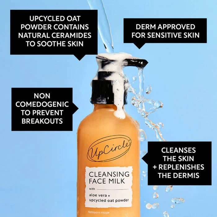 UpCircle cleansing face milk bottle with product features on a blue background