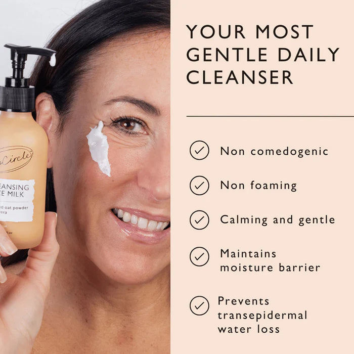 Woman applying cleanser with a bottle labeled 'Cline' and product features listed on the right.