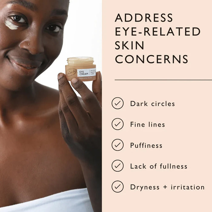 Woman holding UpCircle Eye Cream with text about addressing eye-related skin concerns.