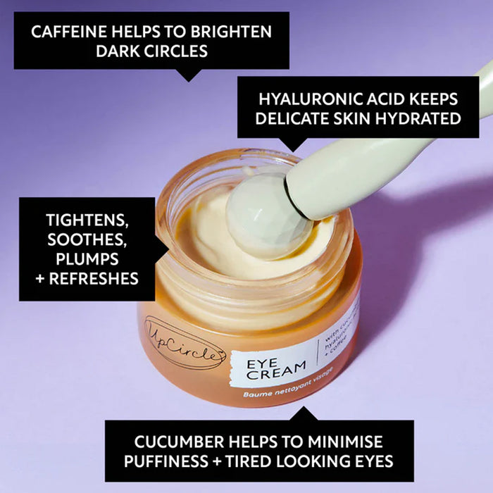 UpCircle Eye Cream with a spoonful of cream on a purple background, featuring text about ingredients and benefits.