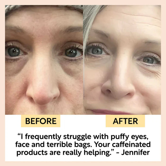 Before and after comparison of a woman's eyes with text about product effectiveness.