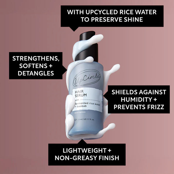 Hair serum bottle with text highlighting benefits on a pink background