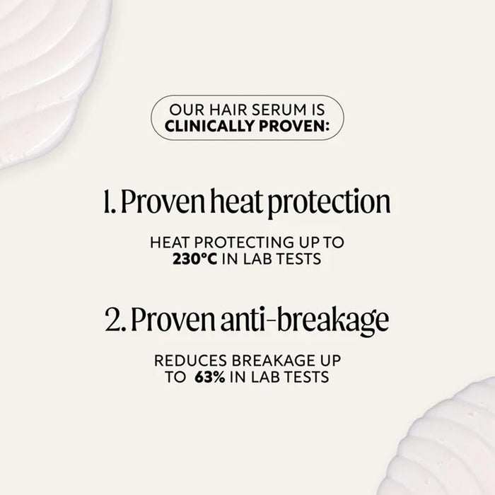 Text on a white background about hair serum with heat protection and anti-breakage claims.