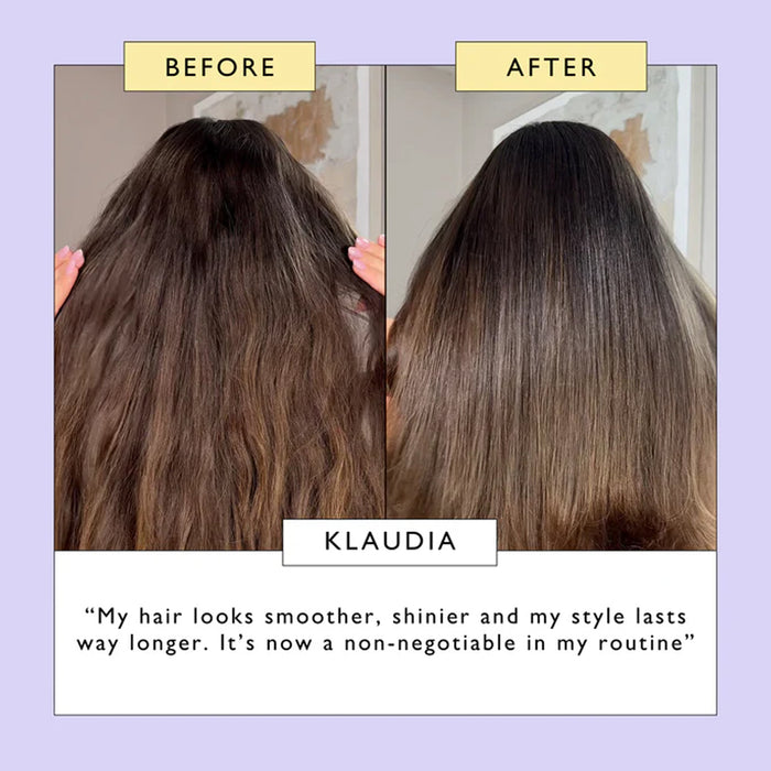 Before and after comparison of hair with a visible improvement, featuring the name Klaudia.