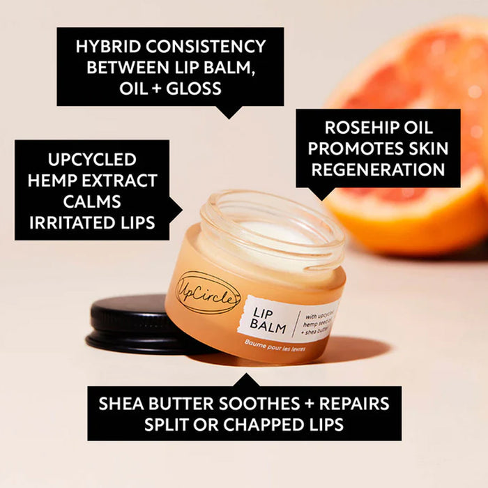 Lip balm jar with text highlighting its benefits on a beige background