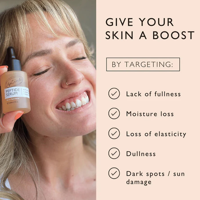 Woman holding a skincare serum bottle with text about skin care benefits on a beige background