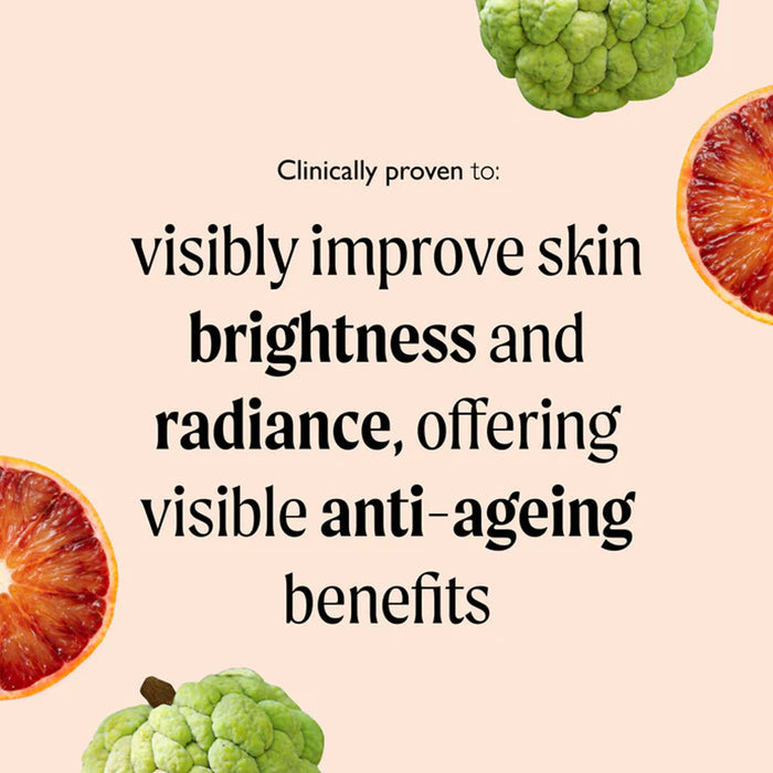 Text on a beige background about skin benefits with green and orange fruits.