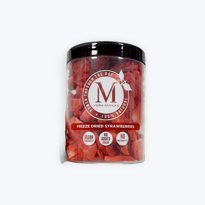 A clear plastic jar of VERA MIKLAS Freeze Dried Strawberries.