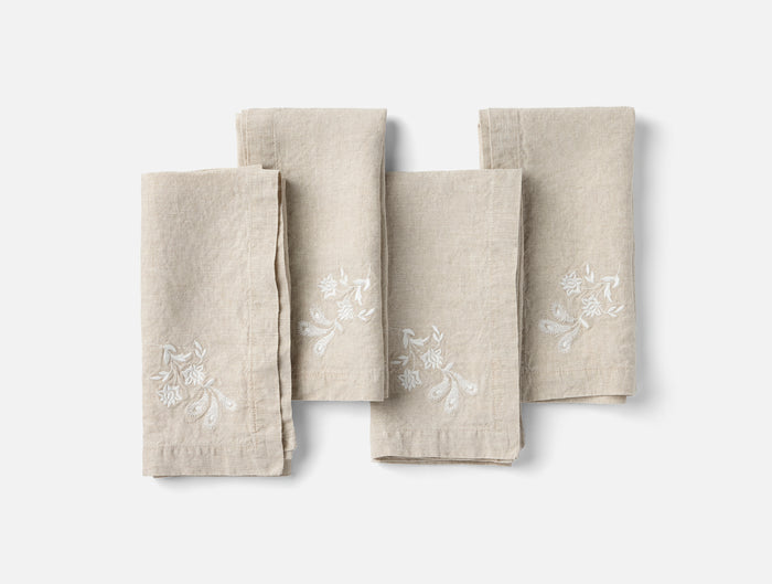 Verbena Embroidered Organic Linen Napkins, Set of 4
