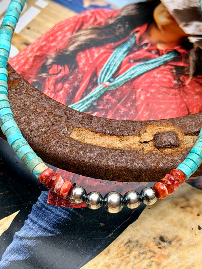 Vibrant necklace- Sterling Silver Pearls and Spiny Oyster on Turquoise Veracite
