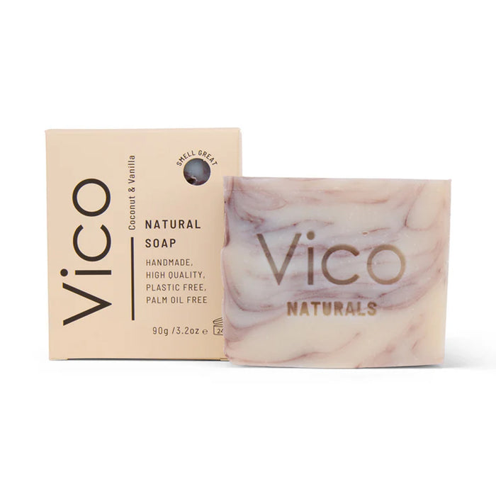 Vico Coconut & Vanilla Natural Body Soap Bar in beige packaging