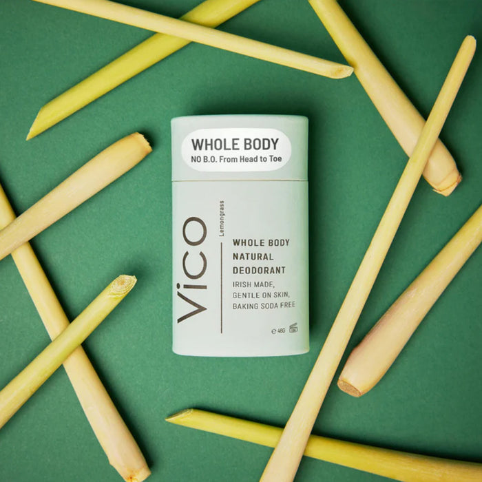 Vico Whole Body Deodorant Lemongrass in light blue plastic free roll on tube