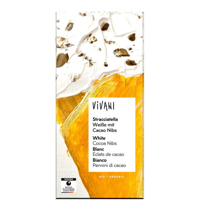raw cane sugar*, cocoa butter*, whole milk powder*, cocoa nibs* 7%, Bourbon vanilla pods* (ground), Bourbon vanilla extract*

Milk solids: 27%
May contain components of tree nuts and gluten.
*from organic agriculture