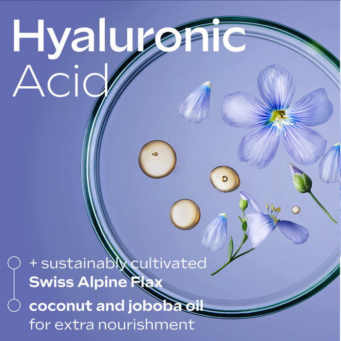 Hyaluronic Acid product with flowers and text on a blue background