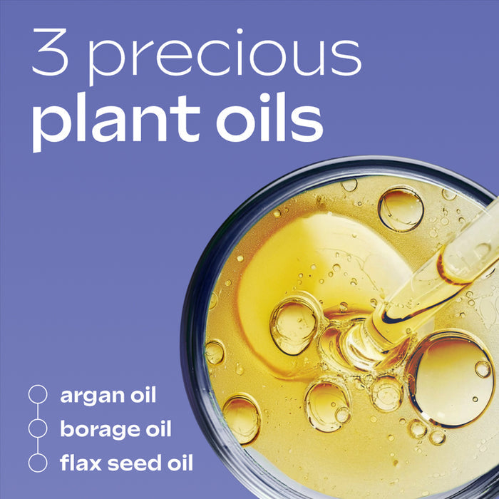 Advertisement for 3 precious plant oils with a close-up of oil being poured into a container on a blue background.