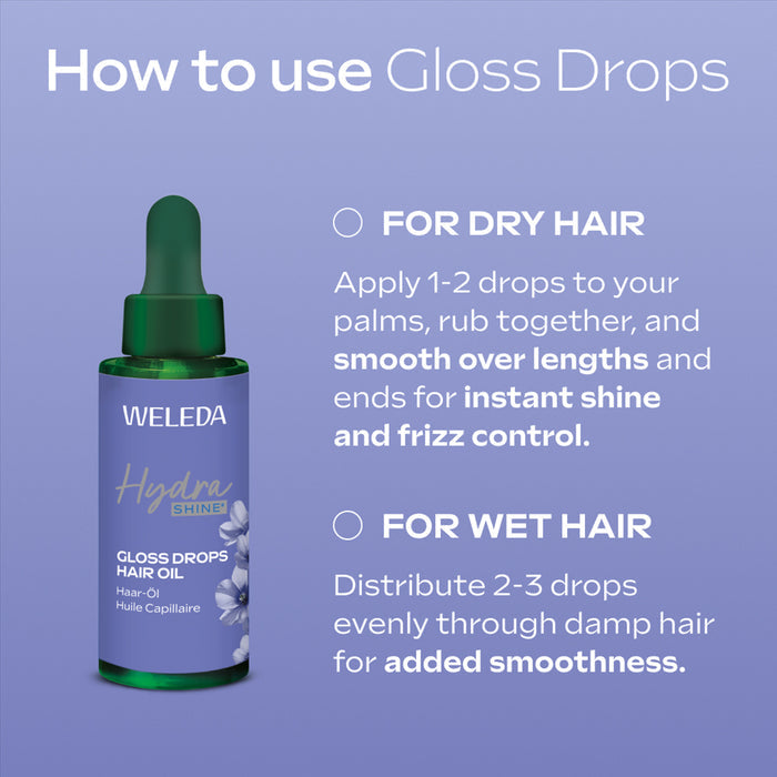 Weleda Gloss Drops hair oil bottle with usage instructions on a purple background