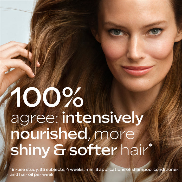 Woman with long brown hair touching her hair, with text about hair care product benefits.