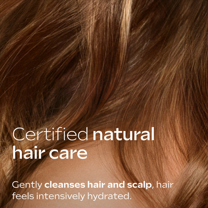 Close-up of brown hair with text about certified natural hair care.