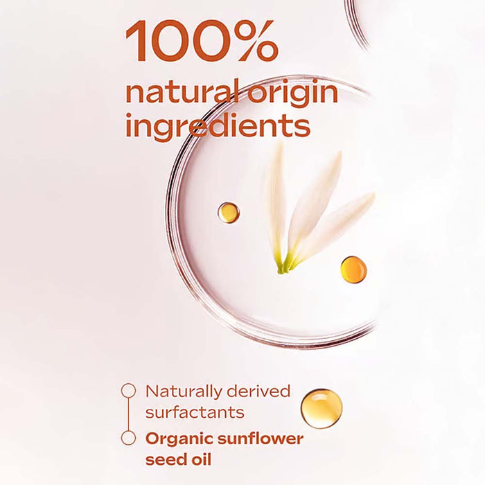 Promotional graphic for a skincare or cosmetic product with the text '100% natural origin ingredients,' showing a clear petri dish with a white flower and golden oil droplets, plus text noting naturally derived surfactants and organic sunflower seed oil.