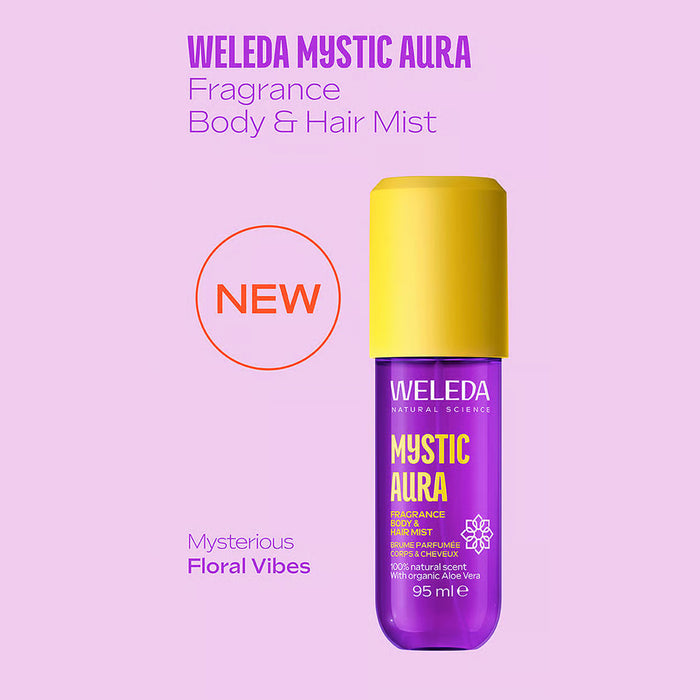 A bottle of Weleda Mystic Aura fragrance body and hair mist on a light purple background.
