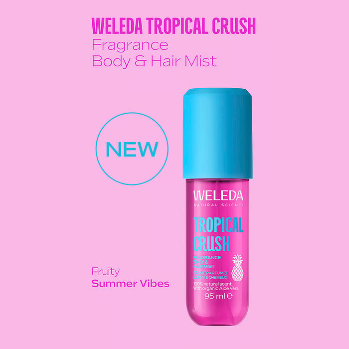 Weleda Tropical Crush body and hair mist in a pink bottle with a bright turquoise cap.