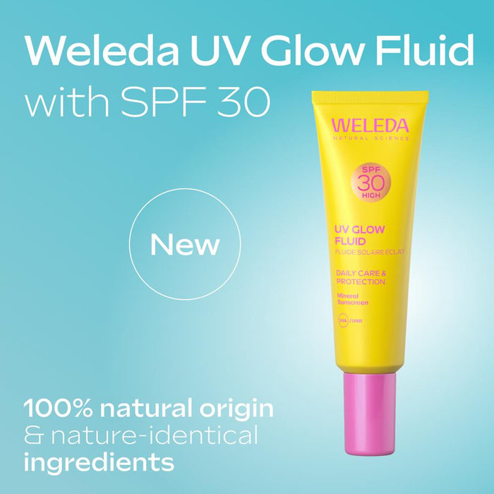 Weleda UV Glow Fluid with SPF 30 on a blue background