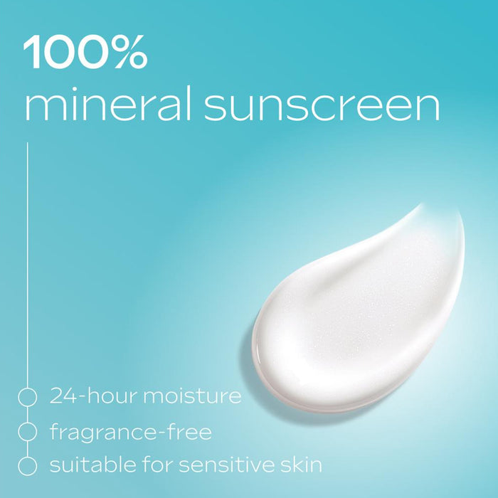 100% mineral sunscreen with a droplet on a blue background