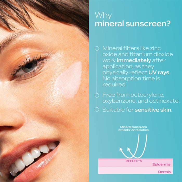 Close-up of a woman's face with sunscreen applied, alongside text explaining mineral sunscreen benefits.