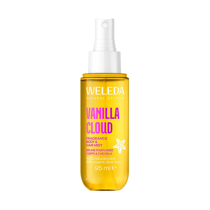 A bottle of Weleda Vanilla Cloud Hair Mist spray on a solid white background.