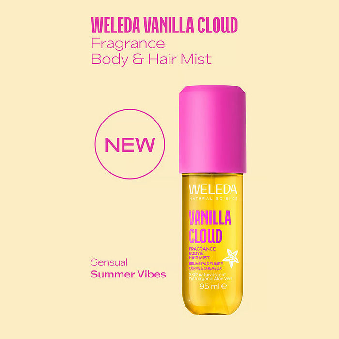 Weleda Vanilla Cloud Fragrance Body & Hair Mist in a 95 ml clear bottle with a vibrant pink cap.