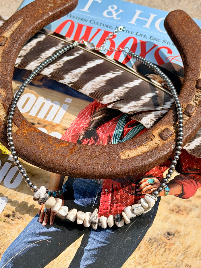 White Buffalo Stone Chips and Sterling Silver Pearls Necklace