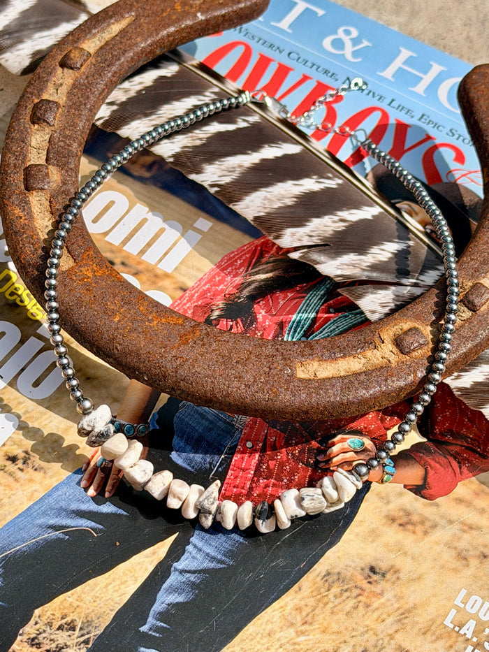 White Buffalo Stone Chips and Sterling Silver Pearls Necklace