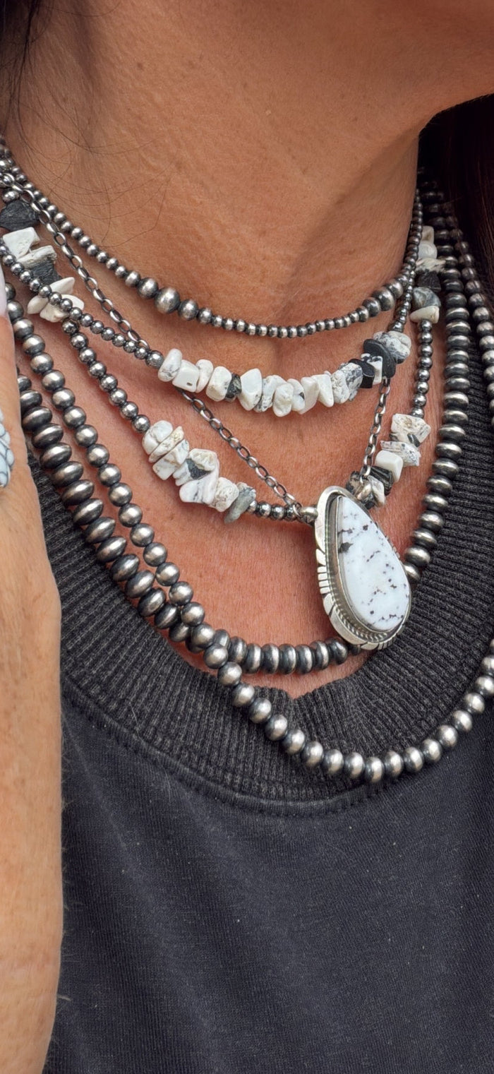 White Buffalo Stone Chips and Sterling Silver Pearls Necklace