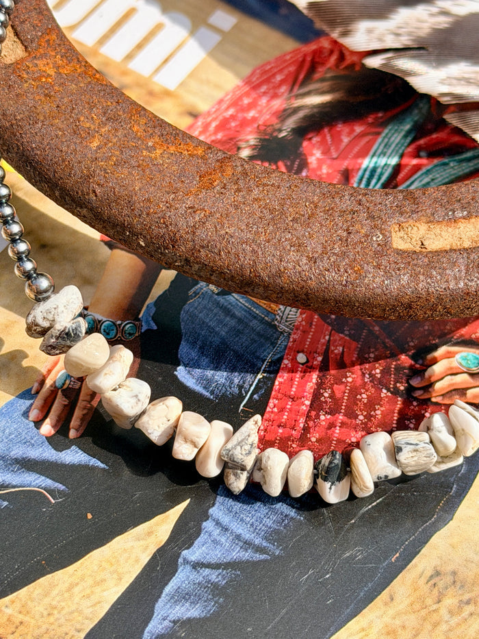 White Buffalo Stone Chips and Sterling Silver Pearls Necklace