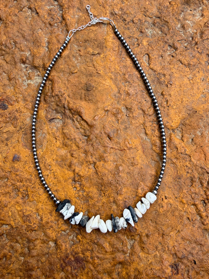 White Buffalo Stone Chips and Sterling Silver Pearls Necklace