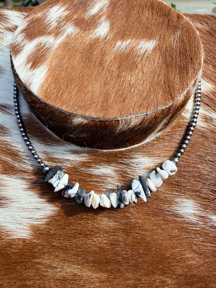 White Buffalo Stone Chips and Sterling Silver Pearls Necklace