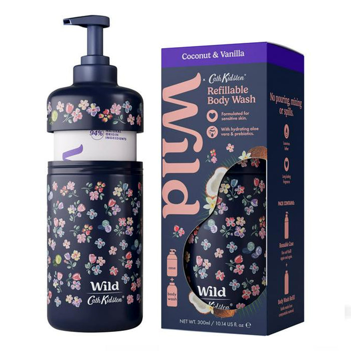 Wild Coconut and Vanilla Refill Body Washwith a floral pattern next to its retail packaging box. The bottle and box are dark navy blue with a pink, white, and green floral print