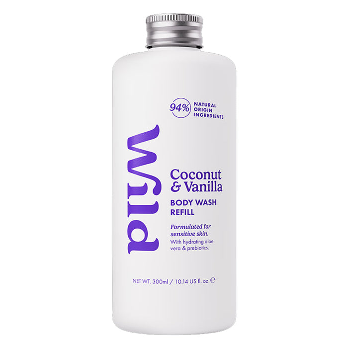 A 300ml bottle of Wild Coconut & Vanilla Body Wash Refill with a silver cap, shown on a plain white background.