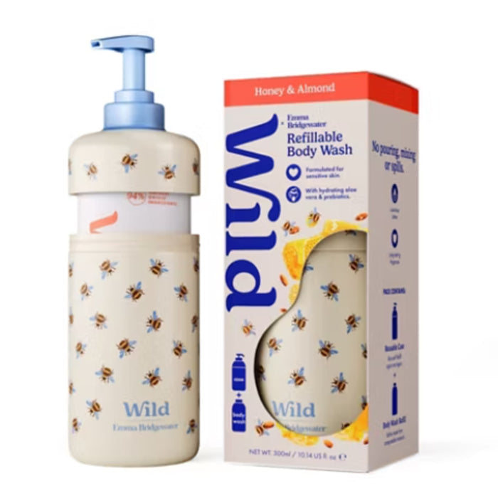 Wild Honey & Almond refillable body wash bottle with a blue pump and bee pattern, shown next to its retail box.
