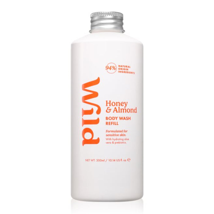 A 300ml white bottle of Wild Honey & Almond Body Wash Refill with a silver cap, shown on a clean white background.