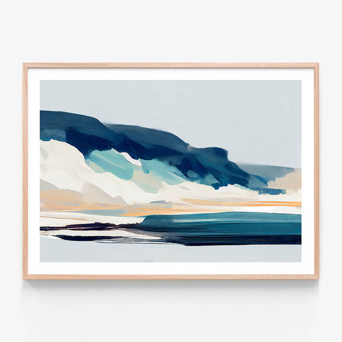 An abstract coastal landscape art print called 'Wild Waters'. Framed in oak.