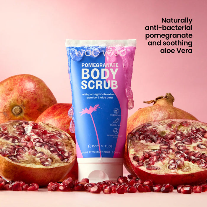 Woo woo Pomegranate Body Scrub with pomegranates on a pink background