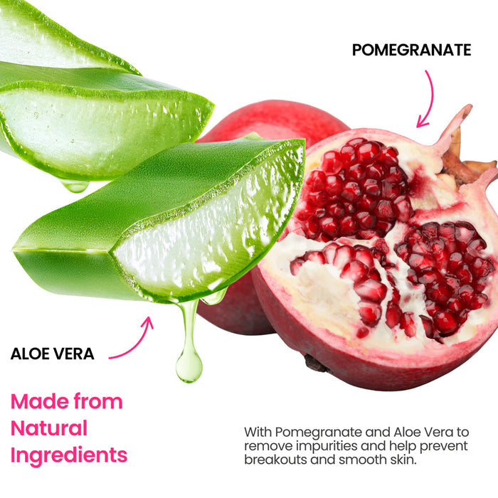 Pomegranate and aloe vera with text highlighting natural ingredients for skincare.