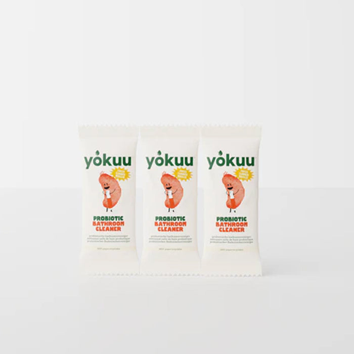 Three packets of yokuu probiotic bathroom cleaner on a white background
