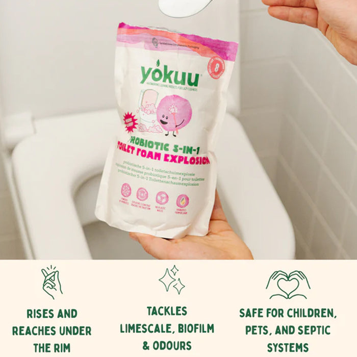 Hand holding a yokuu product packaging with features listed below.