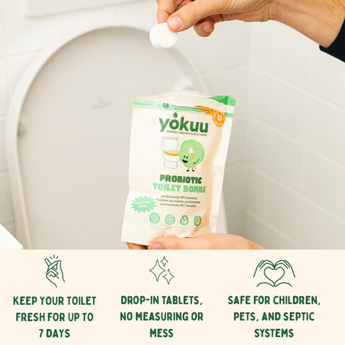 Person holding a package of yokuu probiotic toilet bombs with product details below.